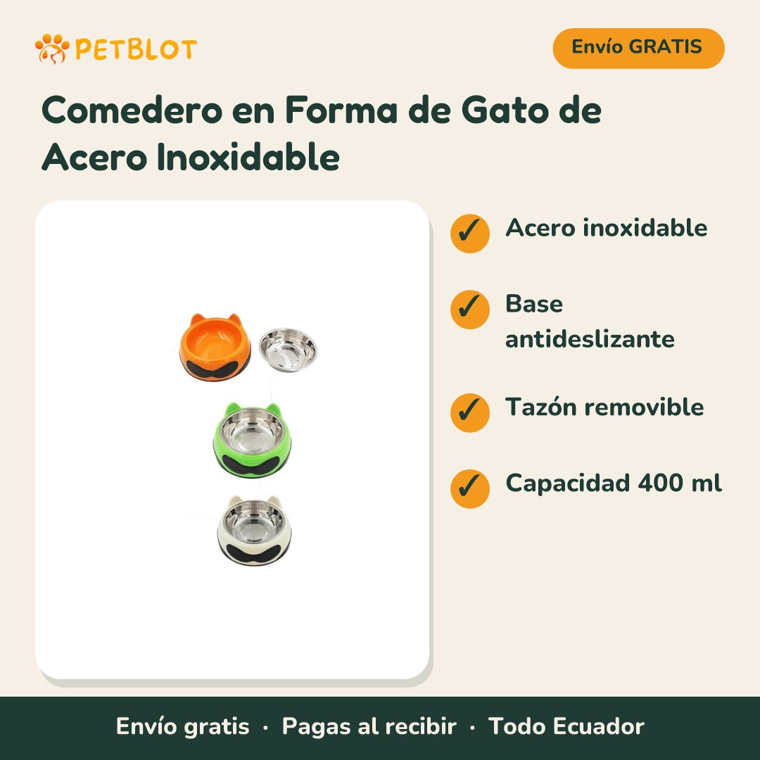 Comedero en Forma de Gato de Acero Inoxidable